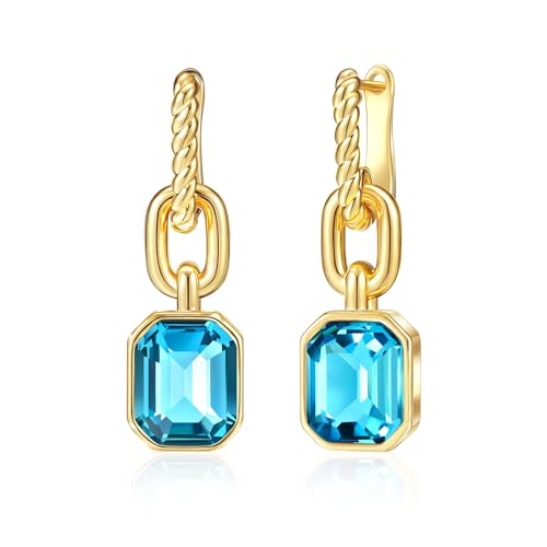 Image of MESOVOR Gold Crystal Drop Earrings, 18K Gold Plated Hoop Earrings | Emerald Green Black Earrings Jewelry Gift for Mother Wife (Blue)