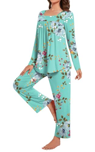 Anydeer Women Pajamas Set Long Sleeve Casual 2 Piece Pleated Pjs Nightwear Pants With Pocket3