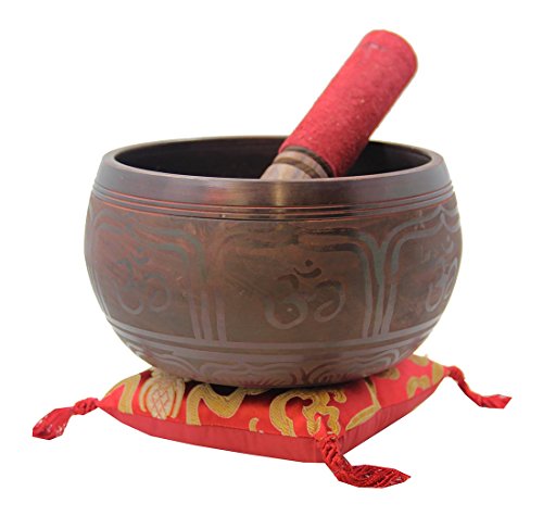 Tibetan Large 5.5 Inch Om Aum Singing Bowl Leather Mallet Silk Cushion Set