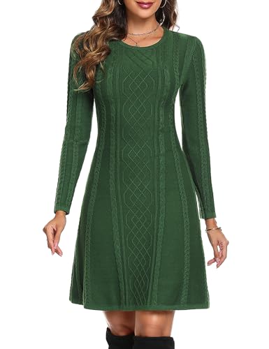 Aottori Suéter Vestido para Mujer Vestido Punto Manga Larga Vestido Suéter Elegante Casual Cuello Redondo Una Línea Jersey Vestidos para Otoño Invierno Verde Oscuro L