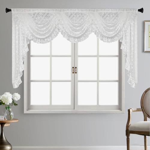 Gxi White Floral Sheer Curtain Ruffle Waterfall Valance for Living