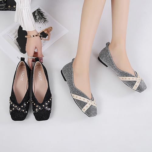Women's Studded Glitter Leather Flats Fashion Closed Square Toe Comfortable Slip On Shallow Mouth Ballet Flat Shoes for Wedding Party Evening Prom Dress Shoes 7