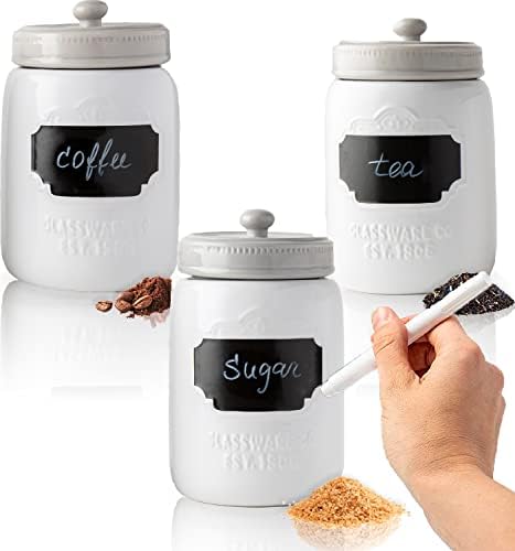 Mason Jar Ceramic Canister Set for Kitchen - Set of 3 Decorative Storage Containers with Air-Tight Lids for Coffee & More - Country Style Storage w/Reusable Writable Surface - 12.85oz/Canister - White