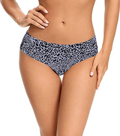 Image of SHAPERX Women /Girls Seamless Ice Silk Invisible No Show Laser Cut Hipster Underwear Medium Waist Soft and Breathable Printed Panty Set Pack of 5