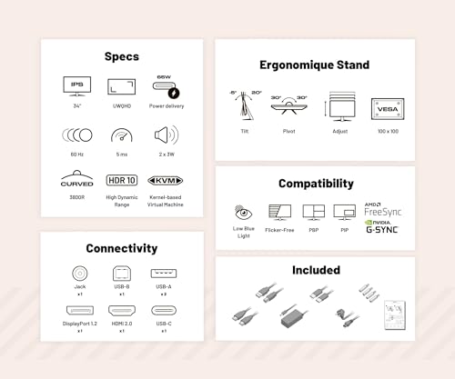 JAPANNEXT Monitor Curvo 34" IPS UWQHD (3440x1440) | HDR & KVM | Ricarica tramite USB-C (65W) Altezza regolabile Altoparlanti integrati | G-Sync/FreeSync | Garanzia 2 anni | JN-IPSC34UWQHDR-C65W-H - Monitor - Immagine 4