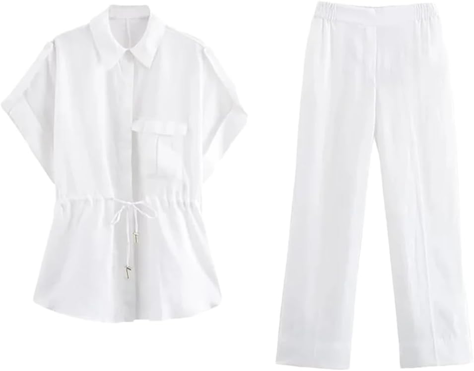 Alloaone Women Casual Solid Suit Single Breasted Short Sleeve Shirt Loose Long Pants Chic Summer Basics Sets