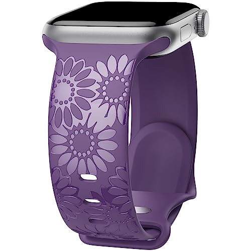 Image of Sunflower Engraved Band Compatible with Apple Watch Bands 38mm 40mm 41mm 42mm 44mm 45mm 49mm Women, Designer Soft Glossy Floral Silicone Strap for iWatch Series Ultra 11 10 9 8 7 6 SE 5 4 3 2 1