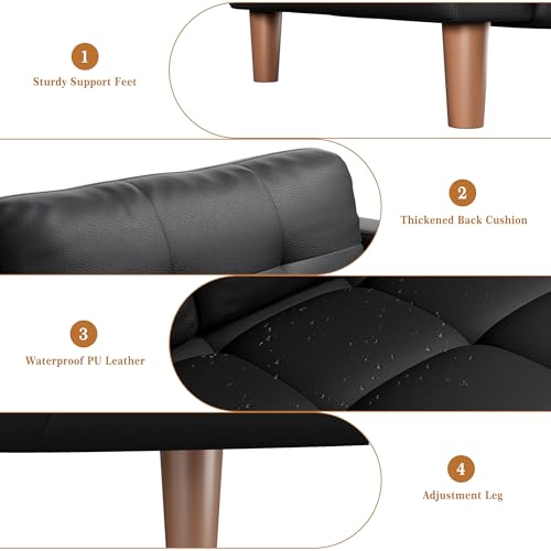 Image of IDEALHOUSE 83 inch Black Faux Leather Couch, 3 Seater Sofa Couches