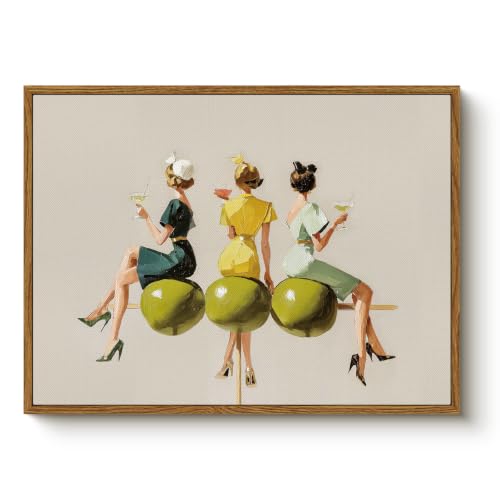 Bzstyleart Vintage Framed Wall Art, Retro Olive Martini Ladies, 12 x 16 In