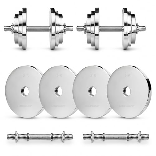 Image of LEEWAY Metal Adjustable Dumbbell Set for Home Gym | 50kg (2.5kgX4+5kgX8)| Steel Dumbbell Set | Chrome Plates for Iron Dumble Rods 28 mm & Spin Lock | Compact for Strength Training Workout Dumbell