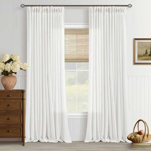 Image of Off White Semi Sheer Pinch Pleated Linen Curtains 96 Inch Length