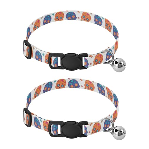 Lot de 2 colliers légers pour animaux de compagnie avec têtes de mort, fleurs, cœurs colorés, réglables de 27,9 à 43,1 cm