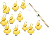 12x gelbe Enten + 2x stabile Holz - Angel zum Enten Angeln, gelb, Entenangeln, Angelspiel, Ente, Angeln, Entenangelspiel, Partyspiel