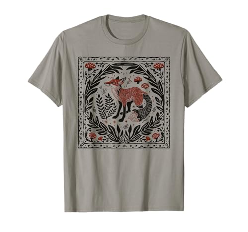 Forestcore Folklore Cottage Core Nature Designs - Forestcore Fox Linocut Print - Folklore and Nature Magic T-Shirt