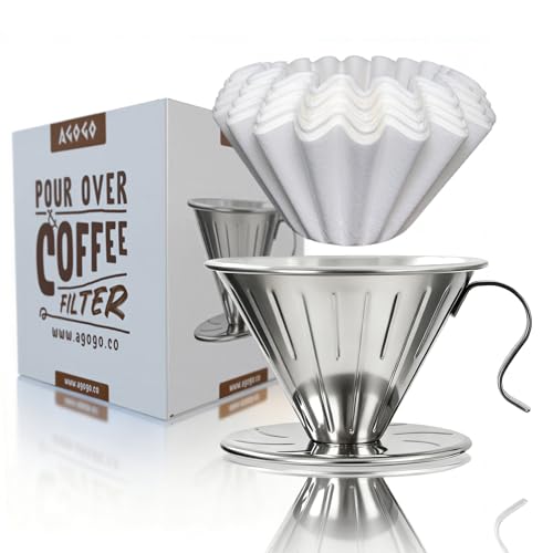 AGOGO Stainless Steel V60 Coffee Dripper & 50 Paper Filters, Sliver