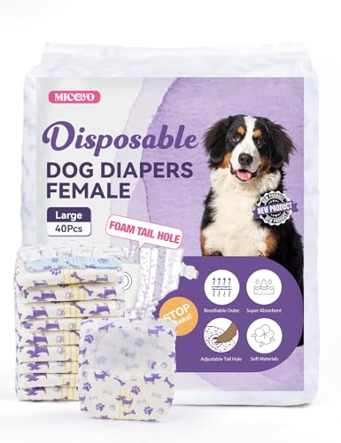 Image of MICOOYO Disposable Dog Diapers Female, Doggie Diapers for Dogs Female, Super Absorbent Pet Diaper with Foam Tail Hole for Heat, Comfortable Puppy Diaper (Large, 40Count)