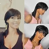 SisBroSis Mullet Human Hair Wigs For Women Glueless Mullet Pixie Cut Straight Wigs With Bangs Brazilian Virgin Straight Human Hair Wig for Daily Use Dovetail Full Machine made Wigs Natural Black Color