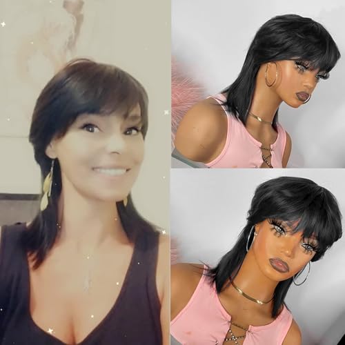 SisBroSis Mullet Human Hair Wigs For Women Glueless Mullet Pixie Cut Straight Wigs With Bangs Brazilian Virgin Straight Human Hair Wig for Daily Use Dovetail Full Machine made Wigs Natural Black Color