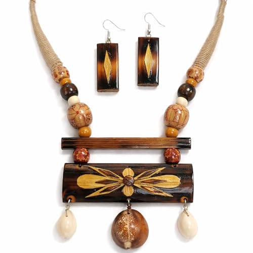 Handmade Bamboo Necklace and Earrings Set, Brown and Beige, Woode...