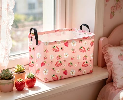 Image of Sanjiaofeng Rectangular Strawberry Storage Baskets Baby Girl Basket Kids Baby Storage Basket Waterproof Collapsible Storage Bin Cute Organizer Box Girl Room Decor(Strawberry)