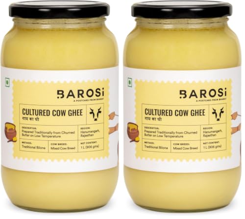 Image of BAROSI Cultured Desi Cow Ghee 1 Litre | Traditional Bilona Method | Curd Churned Danedar Ghee | Lab Tested | Grass-Fed Desi Cow | Pure, Natural, Aromatic | Shudh Cow Ghee | Glass Jar(1000ml)