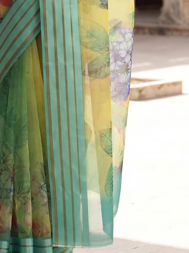 Image of AKHILAM Women's Yellow Organza Floral Printed Saree With Unstitched Blouse Piece (SAGE1004 AI2)