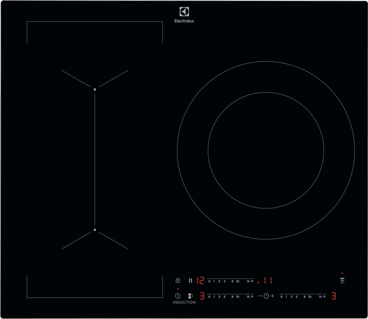Electrolux LIV63340CK - Plaque à induction série 600 Bridge, 60 cm, 3 zones, zone 28 cm 3,7 kW, fonction pont, contrôle tactile coulissant 0-14, minuteur, pause, Hob2Hood, sans cadre