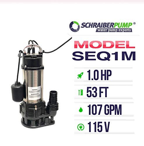 Schraiberpump 1Hp 115V Heavy Duty Sewage Pump With Float Switch, 100% Cast Iron, 93Gpm, 52'Lift, Cast Iron Open Vortex Impellers, Model Seq1M With 25Ft Of Wire #TOP1
