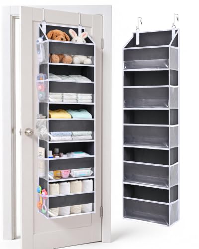 ULG 1 Pack Over Door Organizer with 5 Large Pockets 10 Mesh Side Pockets, 44 lbs Weight Capacity Hanging Storage Organizer with Clear Window Kids Toys, Diapers, Dark Grey, 5 Layers