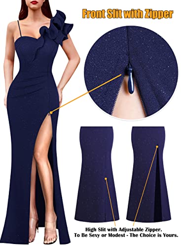 Image of VFSHOW Womens Ruffle One Shoulder Strap Ruched Formal Prom Wedding Maxi Dress V Neck Elegant Split Cocktail Evening Long Gown