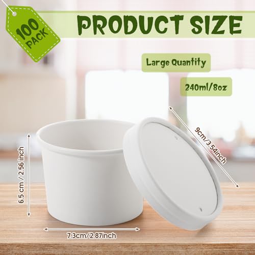 Image of Fulmoon 8 oz 100 Pack Paper Containers with Lids Soup Bowl Cup, White | Disposable Ice Cream Cup, Kraft Food Containers with Vented Lid Stackable for Hot Soup Dessert Cake Fruit Microwave Takeout