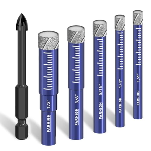 6 Pcs Diamond Drill Bit Set for Porcelain, Tile, Ceramic, Pots, Glass, Granite, Concrete, Masonry, Stone, Tile Drill Bits 1/4", 5/16", 3/8", 1/2" with Carbide-Tipped Drill Bit 1/4"