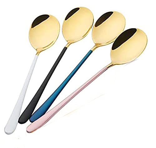 Image of YANCI 4 Pieces Gold Dinner Spoon, Stainless Steel Tablespoons, Korean Soup Spoons for Rice Cereal with Titanium Plating Frosted 8.11 inch Long Handle Spoon, Premium Food Grade Golden Silverware (Random)
