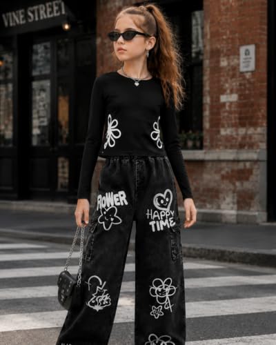 Image of Tween Girls Clothes 2 Piece Long Sleeve Top + Denim Cargo Pants, Teen Girls Fall Clothing Set, Sizes 7-16 Years