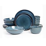 Home VSS Highland 16pc Dinnerware Set, Unique Organic Shape Double Bowl, Stoneware Plate & Bowl Dish Set Service For 4, Scratch Resistant, Microwave & Dishwasher Safe, Natural Reactive Glaze, Blue