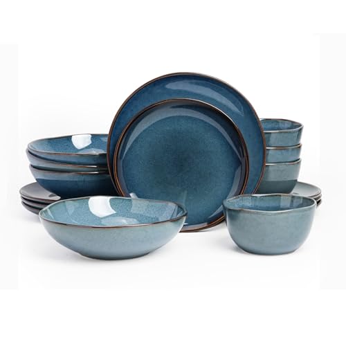 HomeVSS Highland 16pc Dinnerware Set Unique Organic Shape Double Bowl Stoneware Plate & Bowl Dish Set Service for 4 Scratch Resistant Microwave & Dishwasher Safe Natural Reactive Glaze Blue