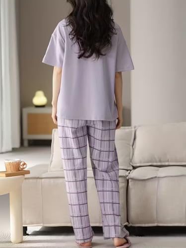 Image of SHIENZY Women Korean Style Night Suit | Round Neck Short Sleeve Cute Printed Cotton Pajama Set for Girls & Women | Soft Nightwear, Loungewear, Sleepwear for Women | Full Pyjama Set | Co-ord Set