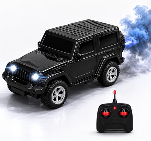 Image of RC Thar Car Toy with Smoke Feature, LED Headlights, 2.4GHz Remote Control, Rechargeable, Black, 20.5 CM, for Kids (Available in Two Colours)