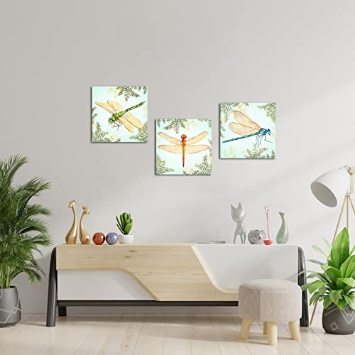 Lovehouse 3 Pieces Modern Animal Wall Art Watercolor Dragonfly Flying Pictures Canvas Print Framed Insect Nature Giclee Artwork For Living Room Home Decor Ready To Hang 12X12Inchx3Pcs #TOP2