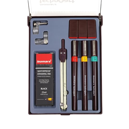 Image of Isomars Technoart Technical Drawing Pen Set of 3 with Waterproof Black Ink, Compass & Accessories | 0.2mm, 0.3mm, 0.5mm Fineliner Pens for Architecture, Engineering, Drafting, Sketching & Illustration (Pen Set Of 3)