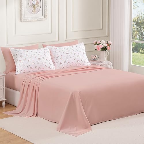 Image of Andency Floral Comforter Set, 5 Pieces Cute Blush Pink Bedding Sets, Coquette Cottagecore Flower Dorm Bedding, Soft Lightweight Kids Bed Twin Comforter with Sheets, Pillowcases & Shams for Teen Girls