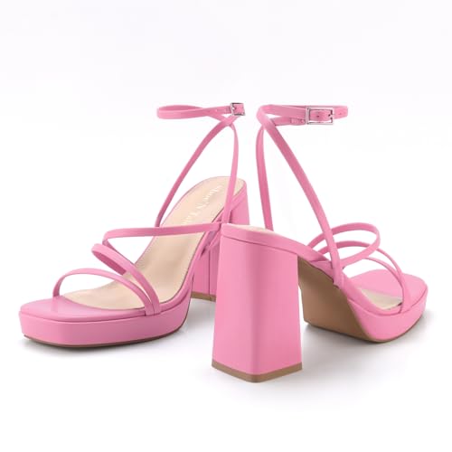 Image of Shoe'N Tale Platform Heels for Women Strappy Block Chunky Heels Square Toe Ankle Buckle Sandals