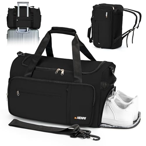 HENMI Sporttasche & Reisetasche für Herren und Damen, 43L Groß gymbag mit Schuhfach und Nassfach, Faltbare Gym Tasche für Sport und Travel, Sport Tasche, Trainingstasche, Gym Tasche (Schwarz)