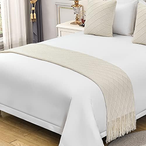 QQXX Cotton Knit Bed Runner,Knitted Throw Blanket with Tassel,Decorative Bedding Scarf Cover,Solid Color Woven Sofa Throw Bed Runner for Hotel Home Double Single King Size Bed(Queen 26x91inch, White)