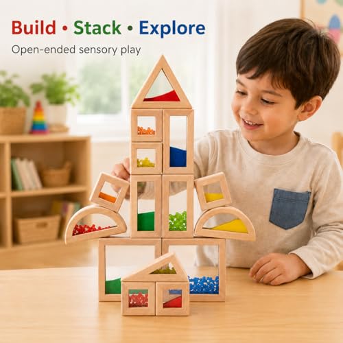 Lexza Rainbow Sensory Toys Blocks,15 Pcs Large Wooden Building Blocks for Toddlers Baby Kids,Colorful Geometric Stacking Toys, Preschool Educational Toy Set - Image 5