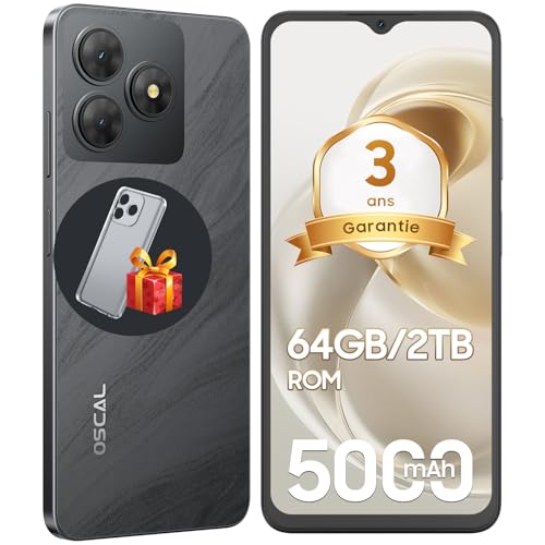 OSCAL Telephone Portable,Flat 2C Android Telephone, 6Go+64Go/TF 2To, Octa Core, 6.56 HD+,Batterie 5000mAh Smartphone Pas Cher,13MP+8MP,4G Smartphone, Face ID/Dual SIM/GPS/2Ans De Garantie -Noir