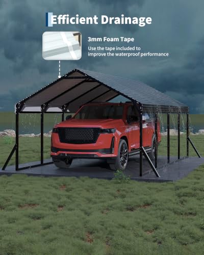 Image of GarveeLife 12x20x9 ft Metal Carport, Steel Car Port | Reinforced Frame / Regular Roof / All-Weather Use / Permanent Shelter for Pickups, Sedans, SUVs, or Boats