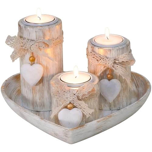 Wooden Tealight Holders With Tray, 3 Rustic Farmhouse Candle Holders, Distressed Grey Wood, Romantic Heart Centerpiece Decor, 8.3 in Tray, Valentines Day Candle Holder Set