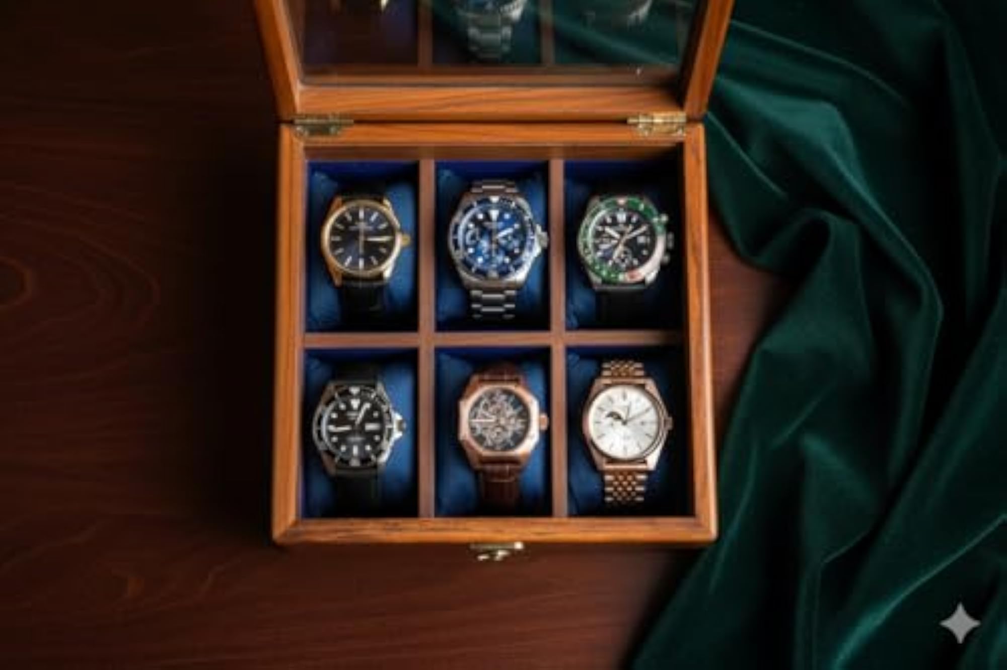 Rosewood Watch Box Organizer with Hinged Lid, 6 Compartments