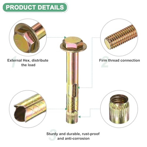 Image of M METERXITY 5-Pack Hex Expansion Bolt, M10x80mm Colored Galvanized Iron-Carbon Steel External Hex Expansion Bolts, Anti-Corrosion Metal Bolt for Concrete /Dry Brick /Block Walls